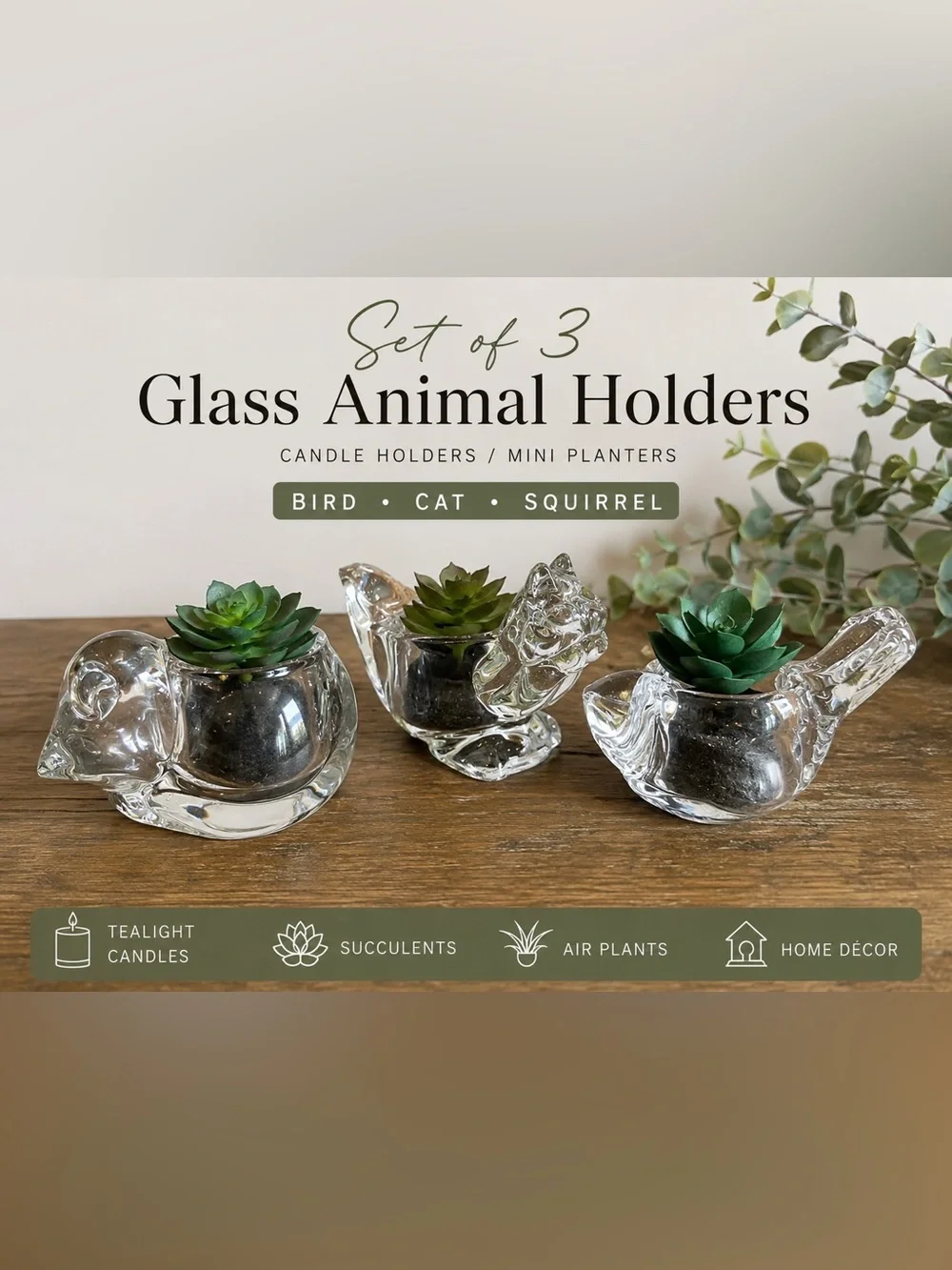 Set of 3 Clear Glass Animal Holders - Bird, Cat & Squirrel